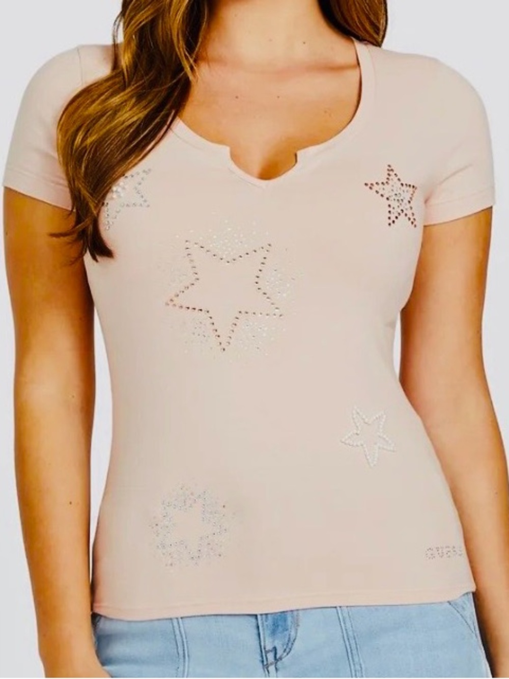Women's Light Pink Star Embellished Short Sleeve Top